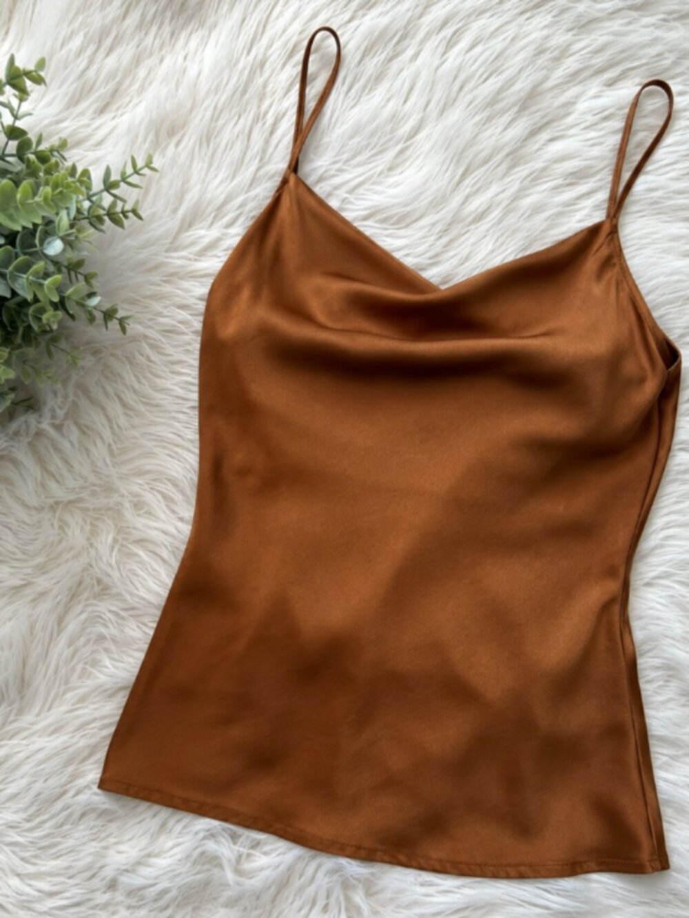 Brown Satin Cowl Neck Cami Top